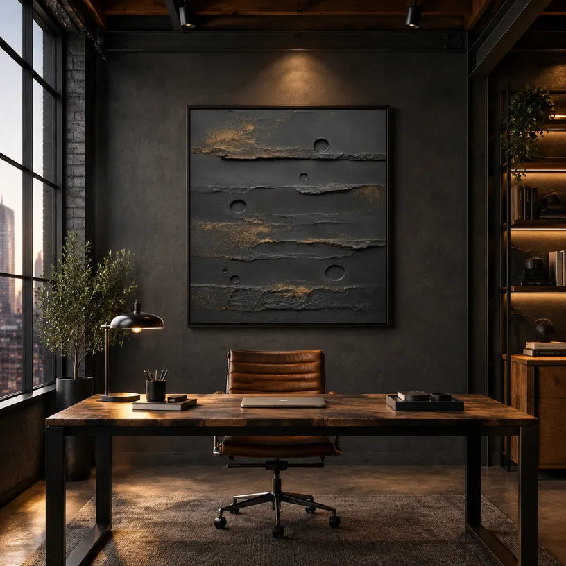 Wabi-Sabi abstract oil painting showing layered abstract marks, texture and expressive painterly movement in a black palette.