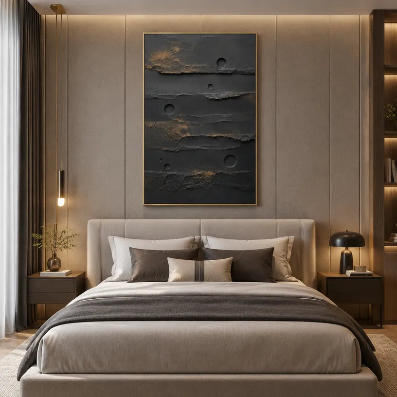 Wabi-Sabi abstract oil painting showing layered abstract marks, texture and expressive painterly movement in a black palette.