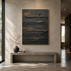 Wabi-Sabi abstract oil painting showing layered abstract marks, texture and expressive painterly movement in a black palette.