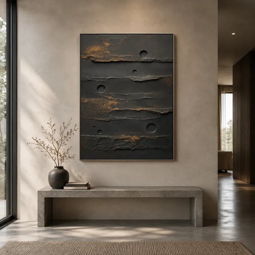 Wabi-Sabi abstract oil painting showing layered abstract marks, texture and expressive painterly movement in a black palette.