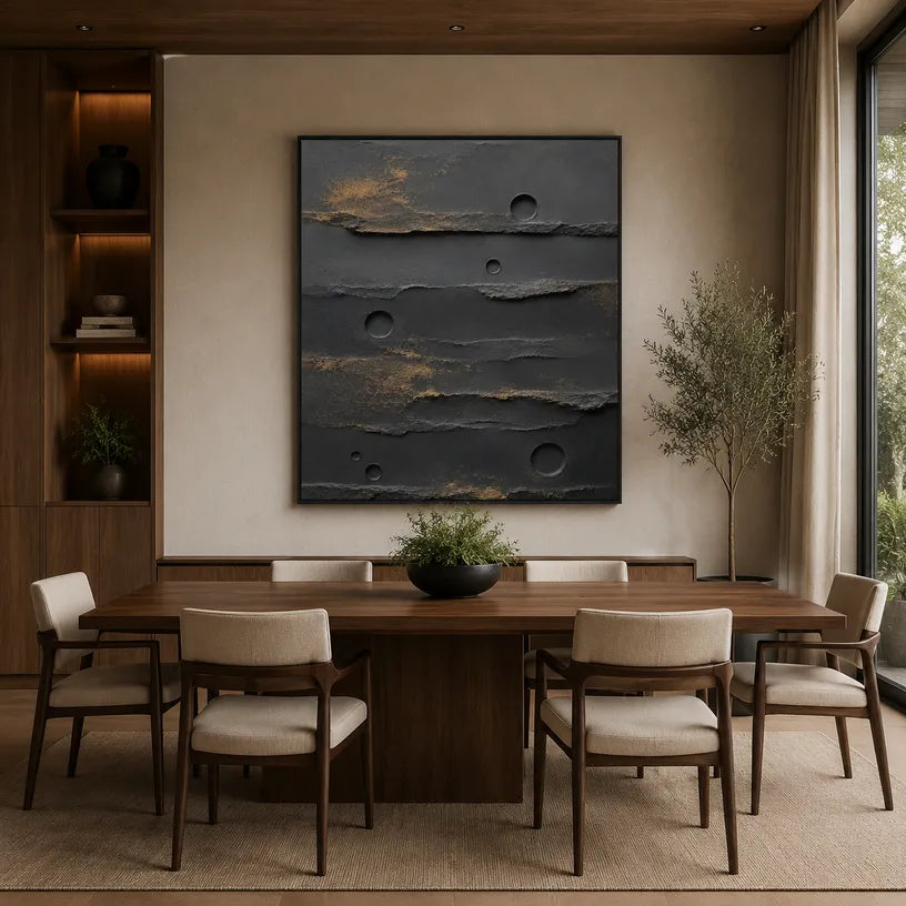 Wabi-Sabi abstract oil painting showing layered abstract marks, texture and expressive painterly movement in a black palette.