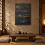 Wabi-Sabi abstract oil painting showing layered abstract marks, texture and expressive painterly movement in a black palette.