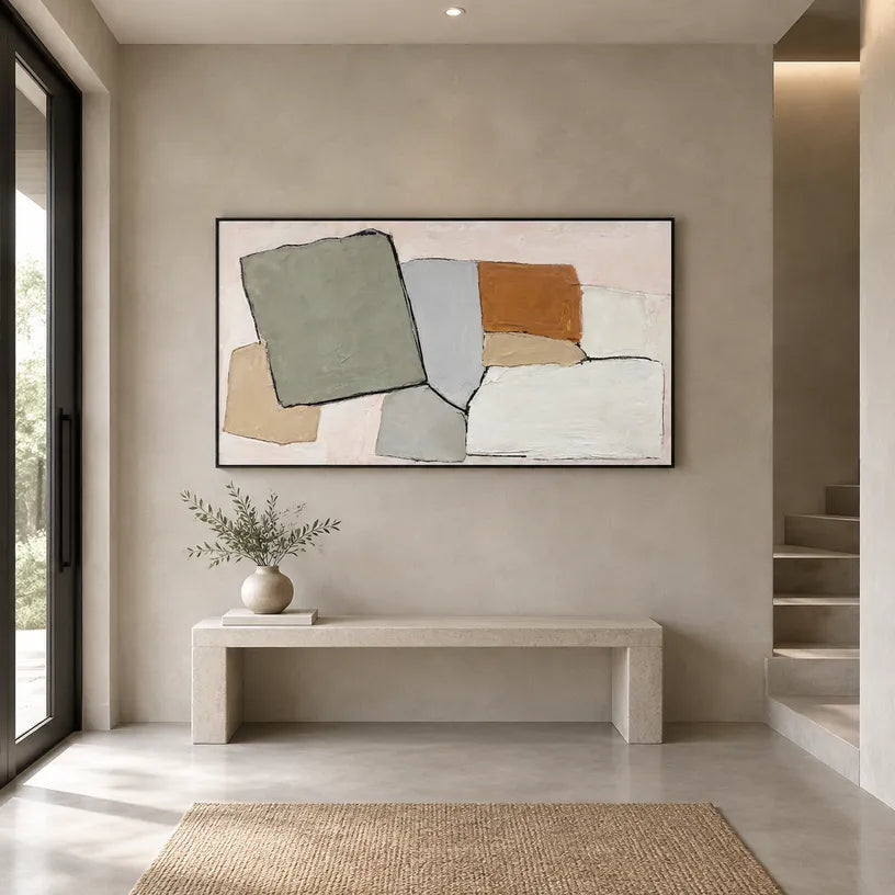 Wabi-Sabi abstract oil painting showing layered abstract marks, texture and expressive painterly movement.