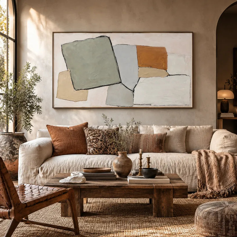 Wabi-Sabi abstract oil painting showing layered abstract marks, texture and expressive painterly movement.