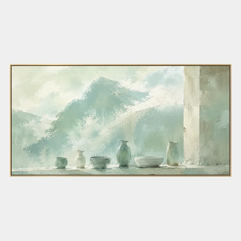 Wabi-Sabi abstract oil painting showing layered abstract marks, texture and expressive painterly movement in a green palette.
