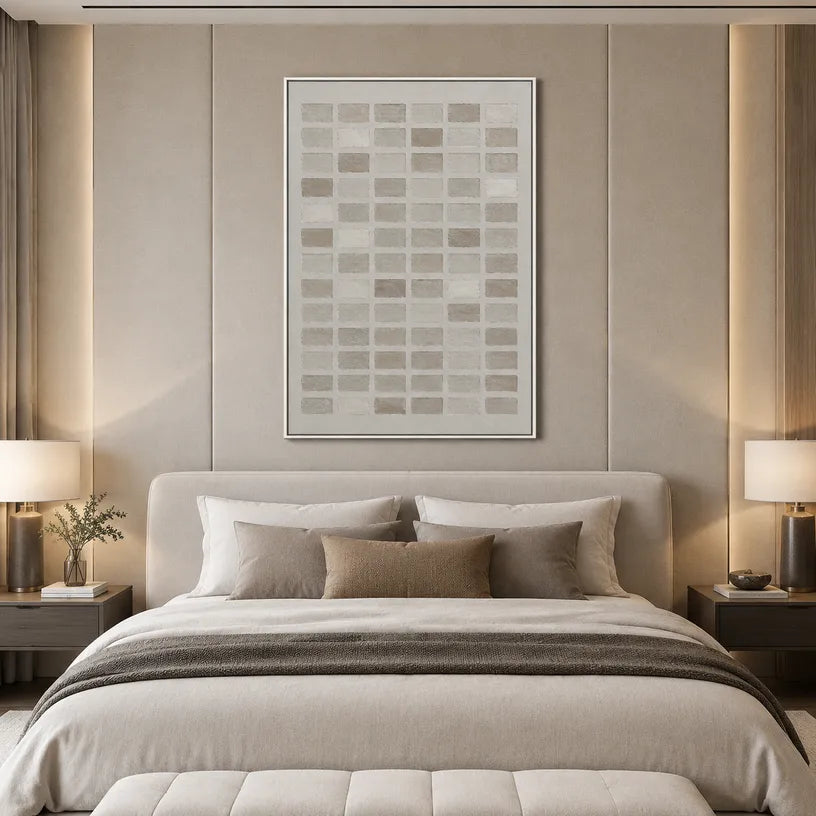 Wabi-Sabi abstract oil painting showing layered abstract marks, texture and expressive painterly movement in a grey palette.