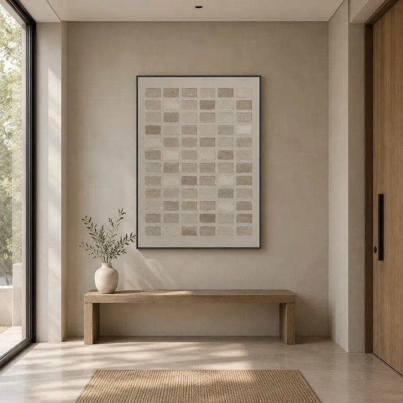 Wabi-Sabi abstract oil painting showing layered abstract marks, texture and expressive painterly movement in a grey palette.