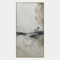 Pittura a olio di paesaggi Wabi-Sabi, paesaggi marini e paesaggi urbani con un paesaggio atmosferico, un paesaggio marino o una composizione ispirata alla città in una tavolozza di grigi.