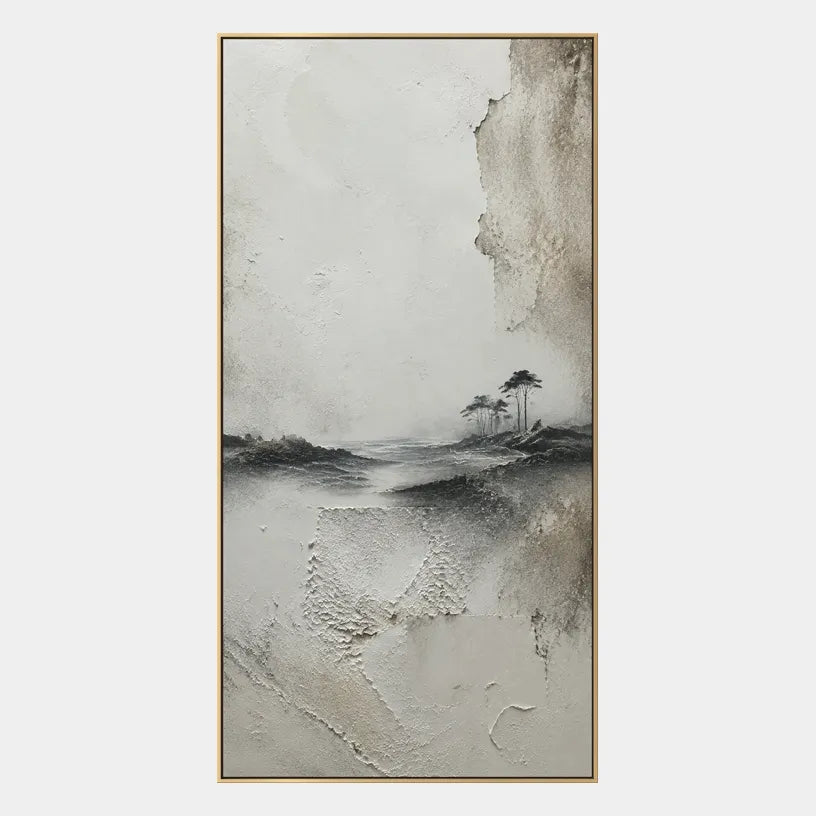 Wabi-Sabi abstract oil painting showing layered abstract marks, texture and expressive painterly movement in a grey palette.
