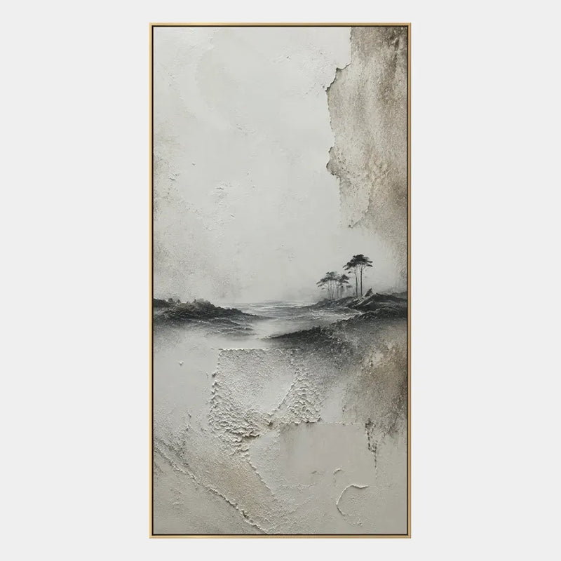 Pittura a olio di paesaggi Wabi-Sabi, paesaggi marini e paesaggi urbani con un paesaggio atmosferico, un paesaggio marino o una composizione ispirata alla città in una tavolozza di grigi.