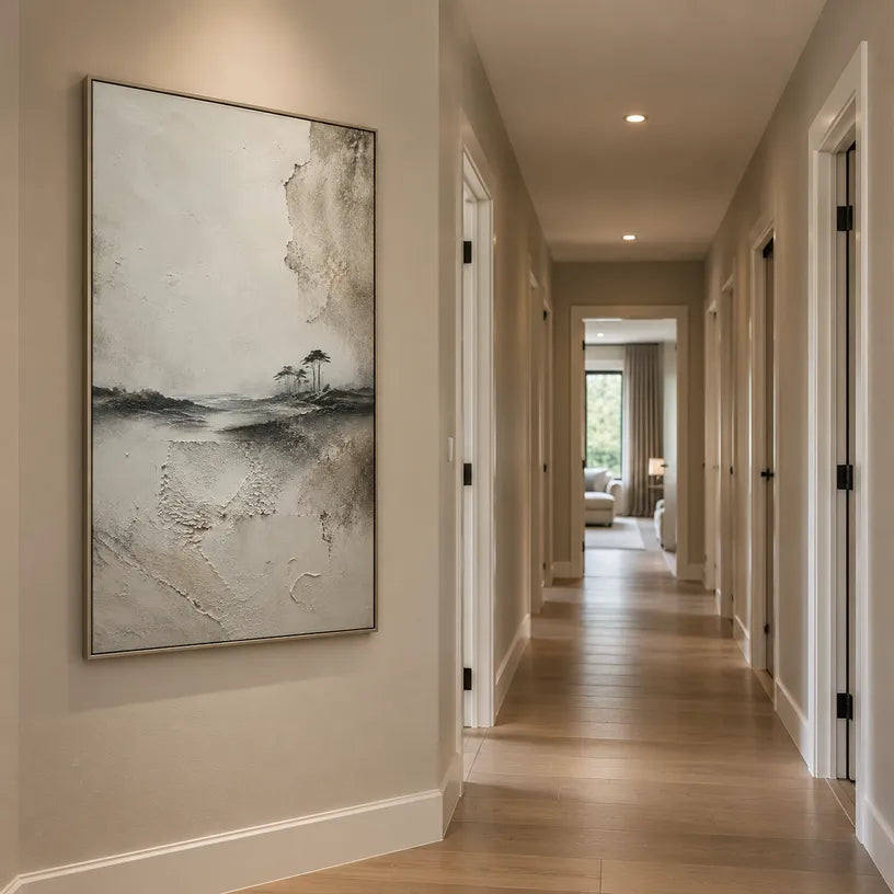 Wabi-Sabi abstract oil painting showing layered abstract marks, texture and expressive painterly movement in a grey palette.