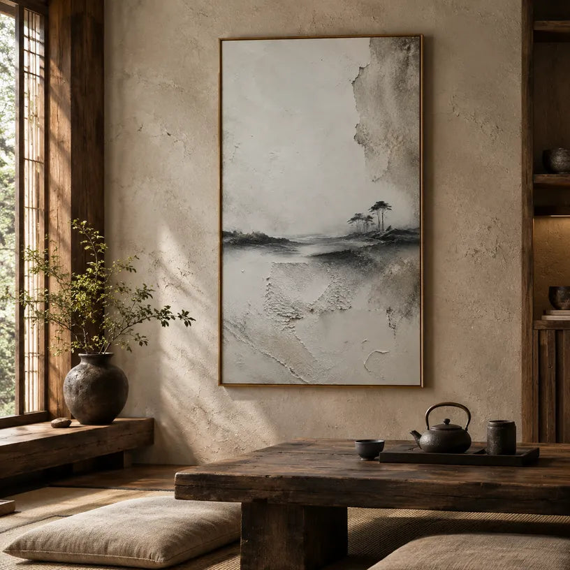 Wabi-Sabi abstract oil painting showing layered abstract marks, texture and expressive painterly movement in a grey palette.