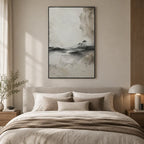 Wabi-Sabi abstract oil painting showing layered abstract marks, texture and expressive painterly movement in a grey palette.