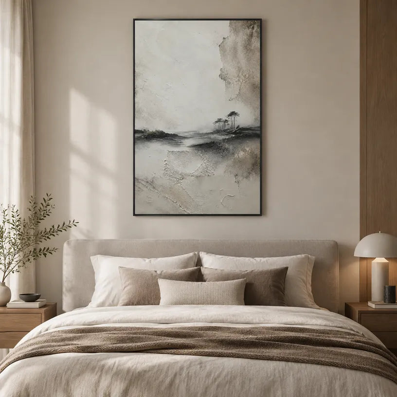 Wabi-Sabi abstract oil painting showing layered abstract marks, texture and expressive painterly movement in a grey palette.