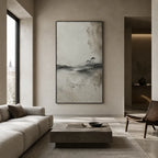 Wabi-Sabi abstract oil painting showing layered abstract marks, texture and expressive painterly movement in a grey palette.