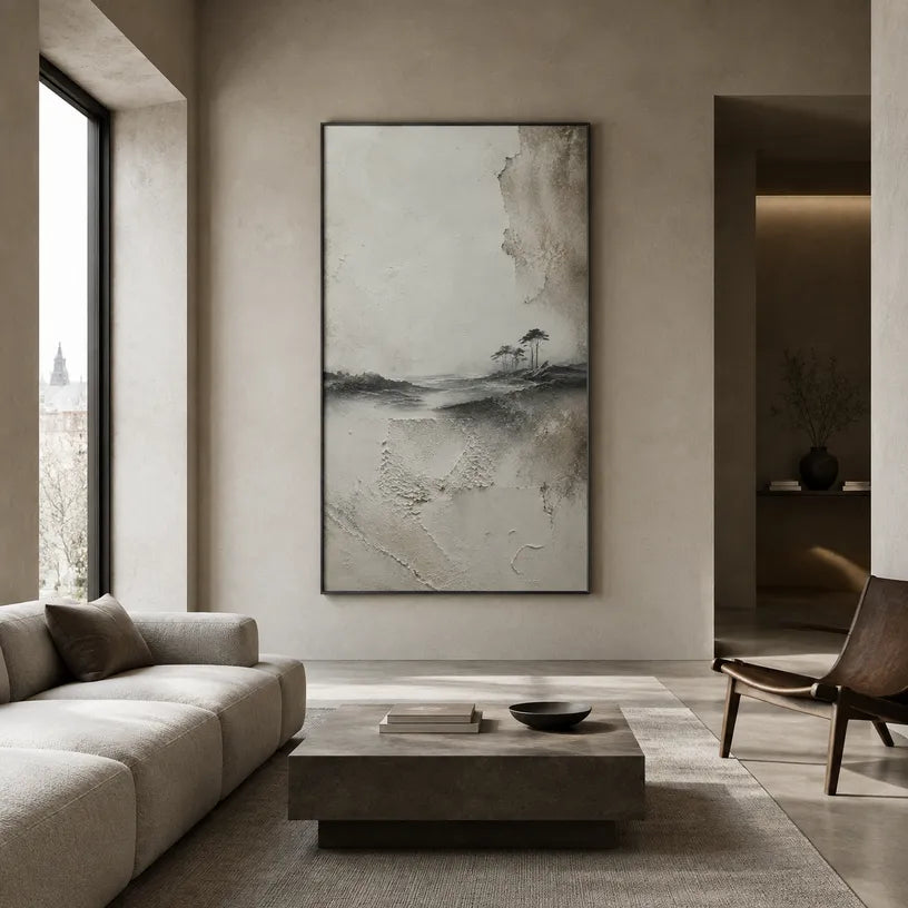 Wabi-Sabi abstract oil painting showing layered abstract marks, texture and expressive painterly movement in a grey palette.