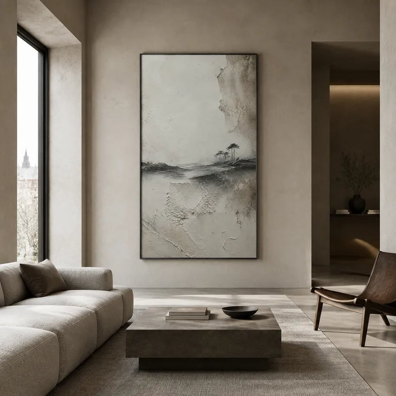Pittura a olio di paesaggi Wabi-Sabi, paesaggi marini e paesaggi urbani con un paesaggio atmosferico, un paesaggio marino o una composizione ispirata alla città in una tavolozza di grigi.