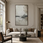 Wabi-Sabi abstract oil painting showing layered abstract marks, texture and expressive painterly movement in a grey palette.