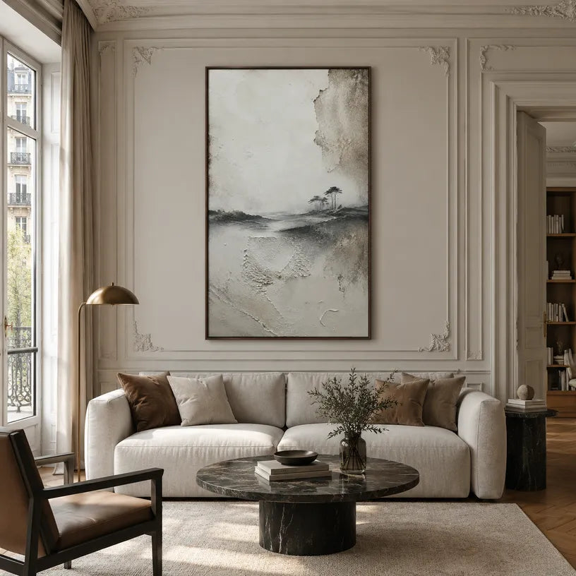 Wabi-Sabi abstract oil painting showing layered abstract marks, texture and expressive painterly movement in a grey palette.