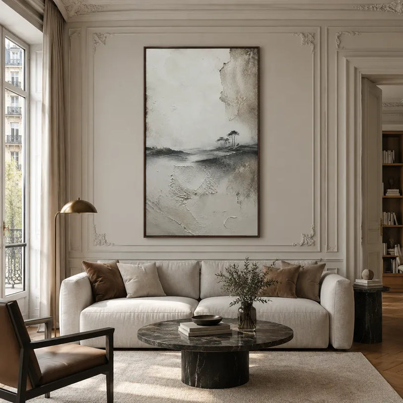 Pittura a olio di paesaggi Wabi-Sabi, paesaggi marini e paesaggi urbani con un paesaggio atmosferico, un paesaggio marino o una composizione ispirata alla città in una tavolozza di grigi.