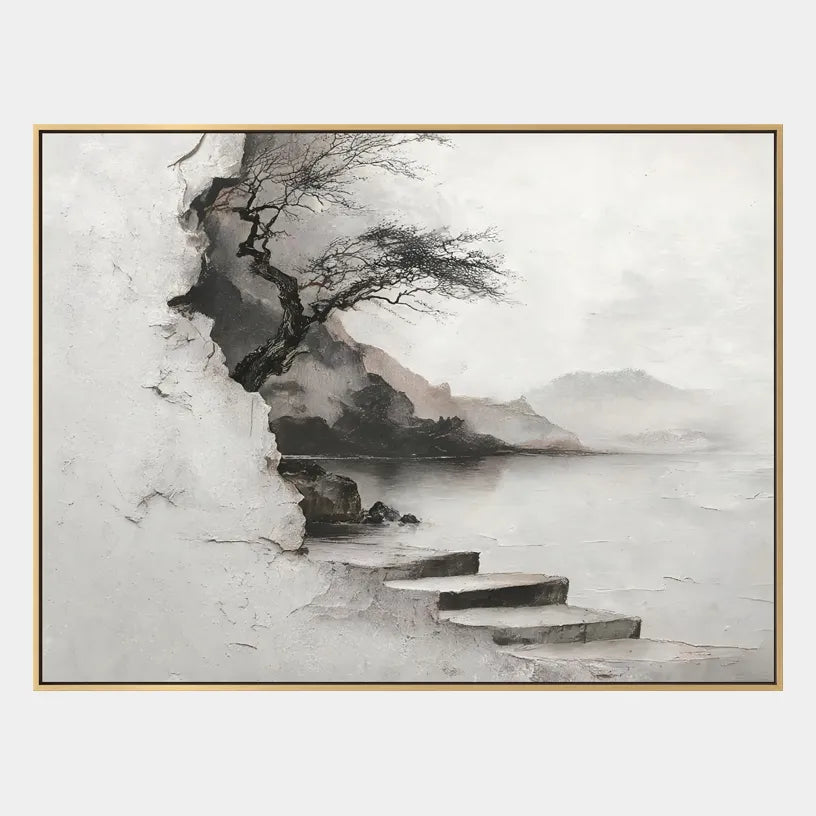 Wabi-Sabi abstract oil painting showing layered abstract marks, texture and expressive painterly movement in a grey palette.