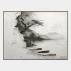Wabi-Sabi abstract oil painting showing layered abstract marks, texture and expressive painterly movement in a grey palette.