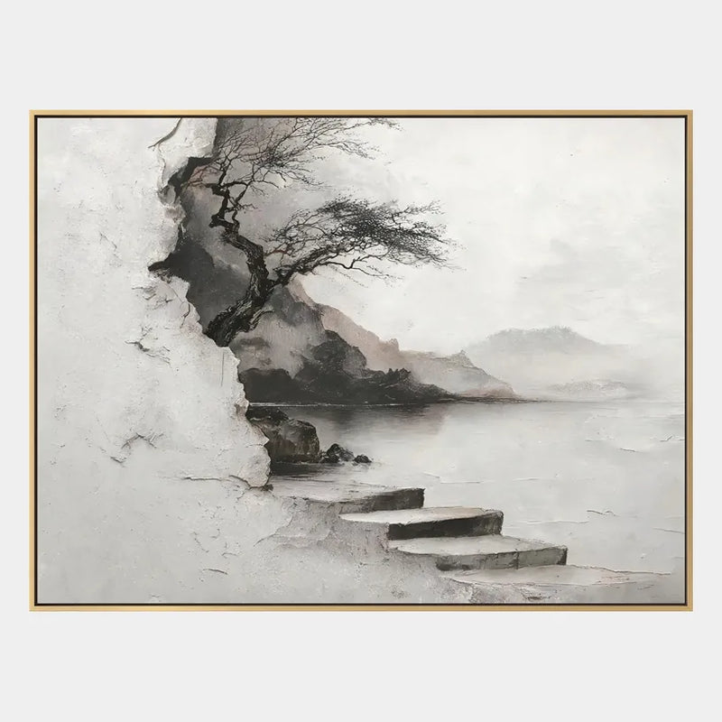 Wabi-Sabi-Ölgemälde „Landschaften, Seestücke und Stadtansichten“ mit einer stimmungsvollen Landschafts-, Seestücks- oder Stadtkomposition in einer Graupalette.