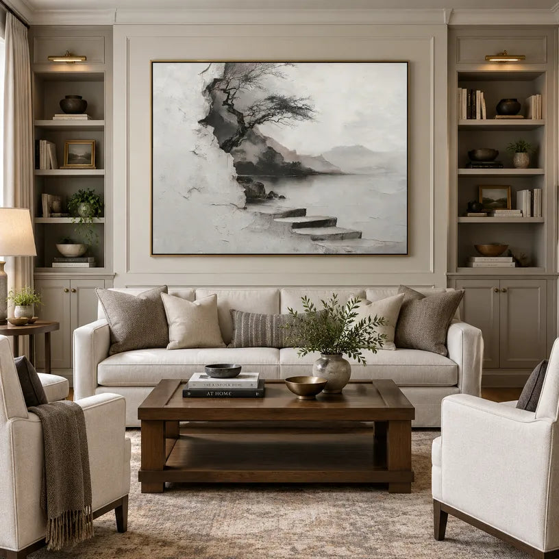 Wabi-Sabi abstract oil painting showing layered abstract marks, texture and expressive painterly movement in a grey palette.