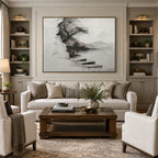 Wabi-Sabi abstract oil painting showing layered abstract marks, texture and expressive painterly movement in a grey palette.