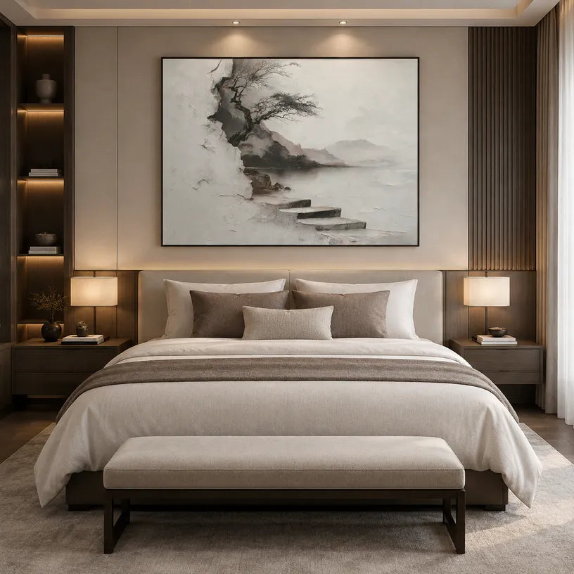 Wabi-Sabi abstract oil painting showing layered abstract marks, texture and expressive painterly movement in a grey palette.