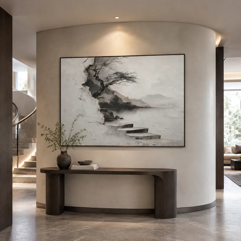 Wabi-Sabi abstract oil painting showing layered abstract marks, texture and expressive painterly movement in a grey palette.