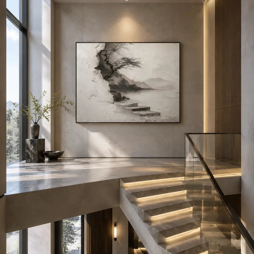 Wabi-Sabi abstract oil painting showing layered abstract marks, texture and expressive painterly movement in a grey palette.