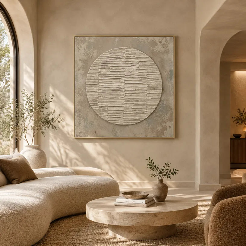 Wabi-Sabi abstract oil painting showing layered abstract marks, texture and expressive painterly movement in a brown palette.