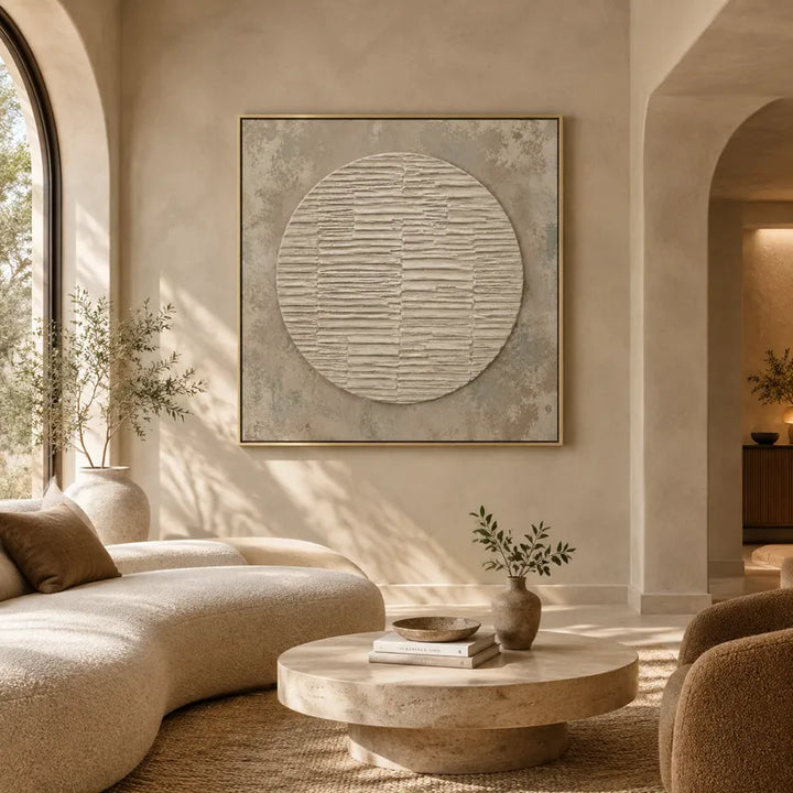 Pittura a olio astratta e concettuale Wabi-Sabi con segni astratti stratificati, consistenza e movimento pittorico espressivo in una tavolozza beige.