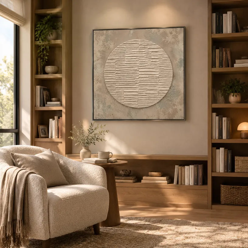 Wabi-Sabi abstract oil painting showing layered abstract marks, texture and expressive painterly movement in a brown palette.
