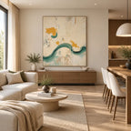 Wabi-Sabi abstract oil painting showing layered abstract marks, texture and expressive painterly movement in a beige palette.