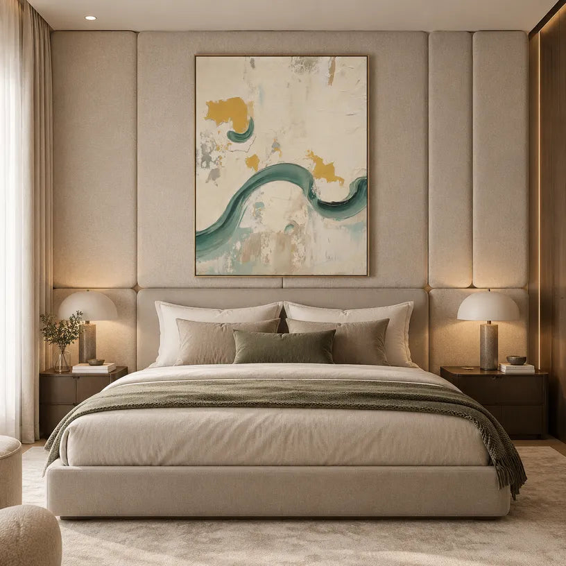Wabi-Sabi abstract oil painting showing layered abstract marks, texture and expressive painterly movement in a beige palette.