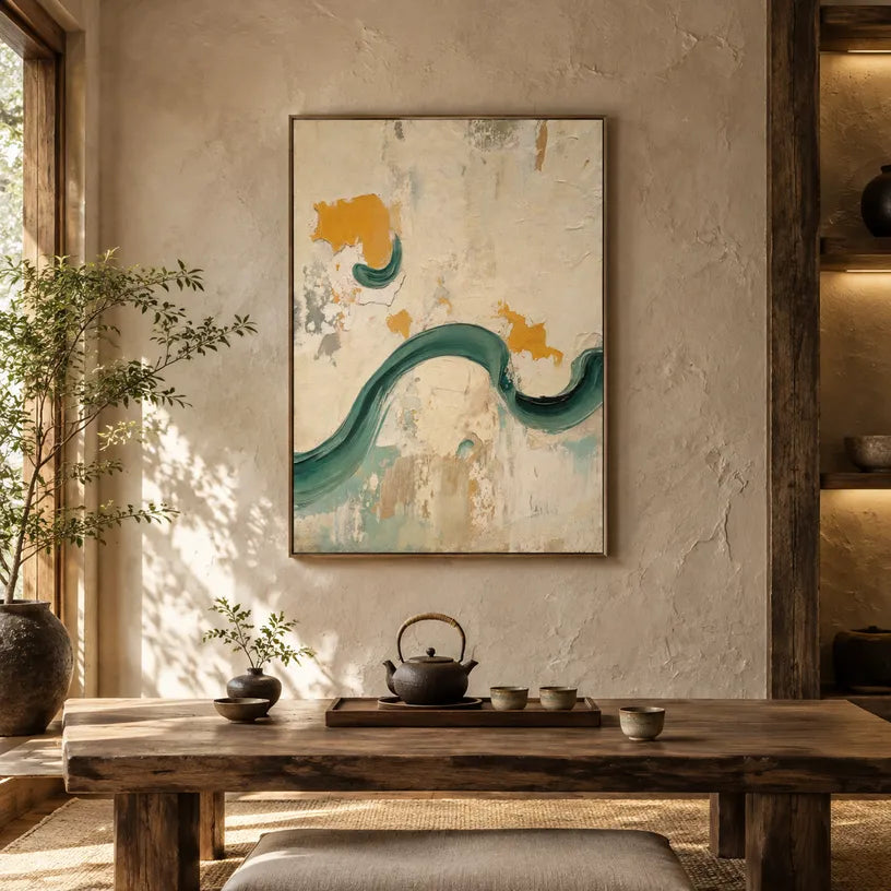 Wabi-Sabi abstract oil painting showing layered abstract marks, texture and expressive painterly movement in a beige palette.
