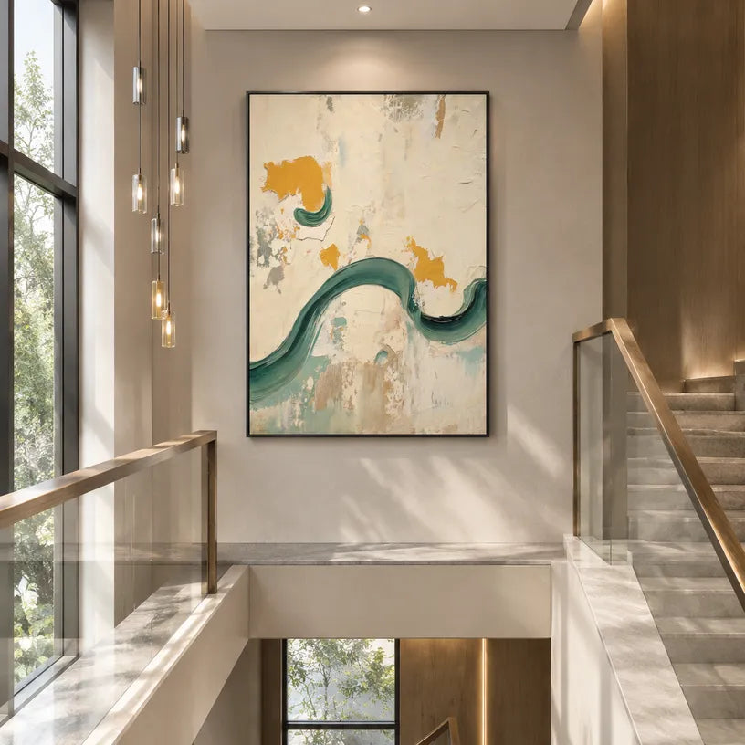 Wabi-Sabi abstract oil painting showing layered abstract marks, texture and expressive painterly movement in a beige palette.