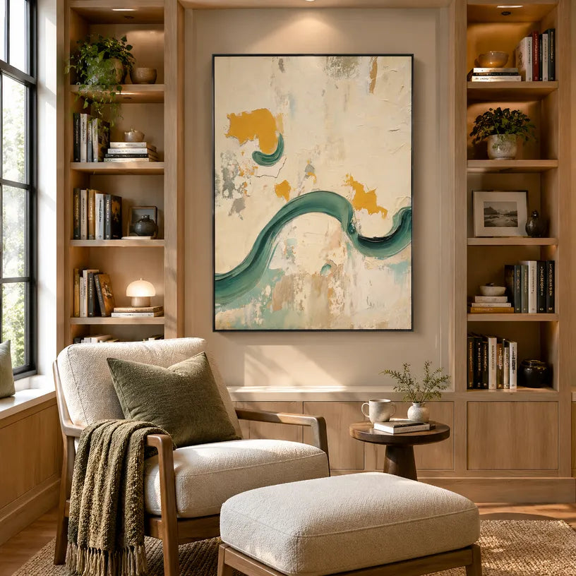 Wabi-Sabi abstract oil painting showing layered abstract marks, texture and expressive painterly movement in a beige palette.