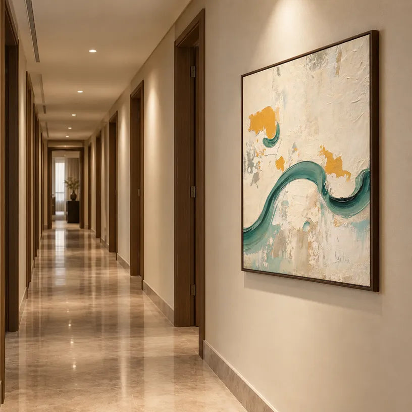 Wabi-Sabi abstract oil painting showing layered abstract marks, texture and expressive painterly movement in a beige palette.