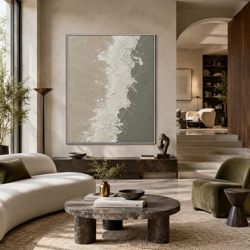 Wabi-Sabi abstract oil painting showing layered abstract marks, texture and expressive painterly movement in a brown palette.