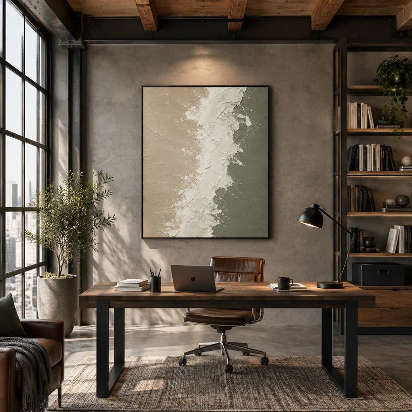 Wabi-Sabi abstract oil painting showing layered abstract marks, texture and expressive painterly movement in a brown palette.
