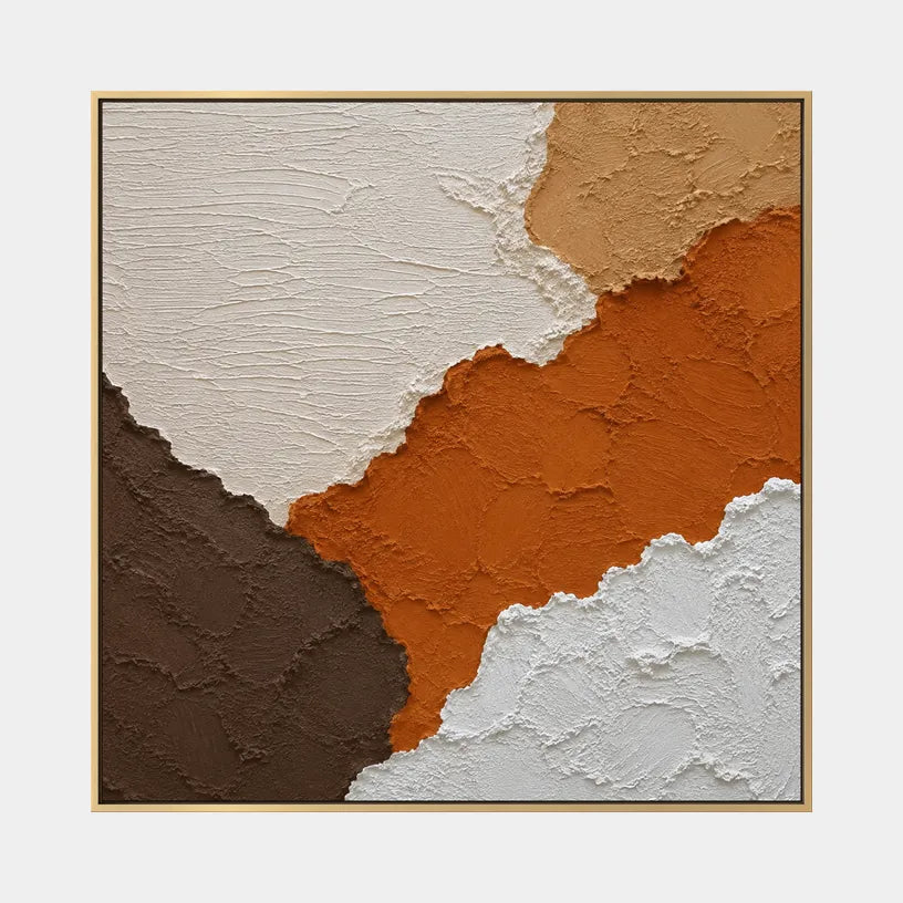 Wabi-Sabi abstract oil painting showing layered abstract marks, texture and expressive painterly movement in a orange palette.