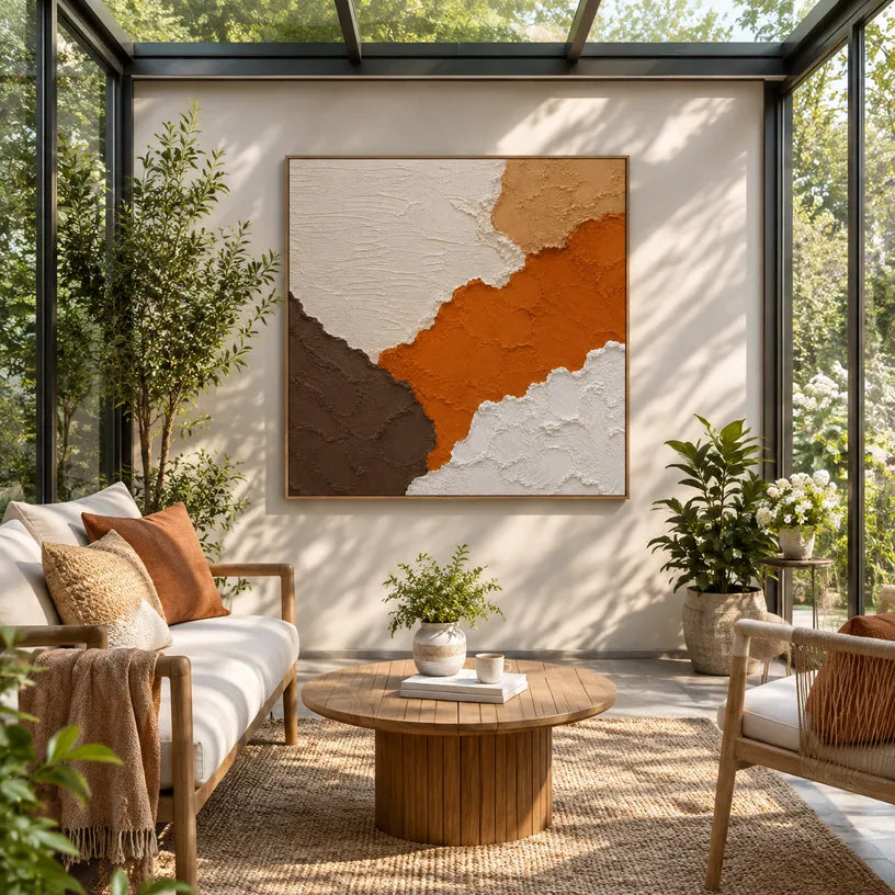 Wabi-Sabi abstract oil painting showing layered abstract marks, texture and expressive painterly movement in a orange palette.