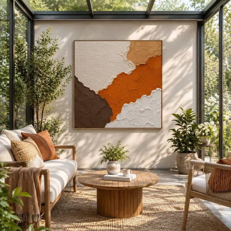 Peinture à l'huile abstraite et conceptuelle Wabi-Sabi présentant des marques abstraites superposées, une texture et un mouvement pictural expressif dans une palette orange.