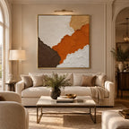 Wabi-Sabi abstract oil painting showing layered abstract marks, texture and expressive painterly movement in a orange palette.