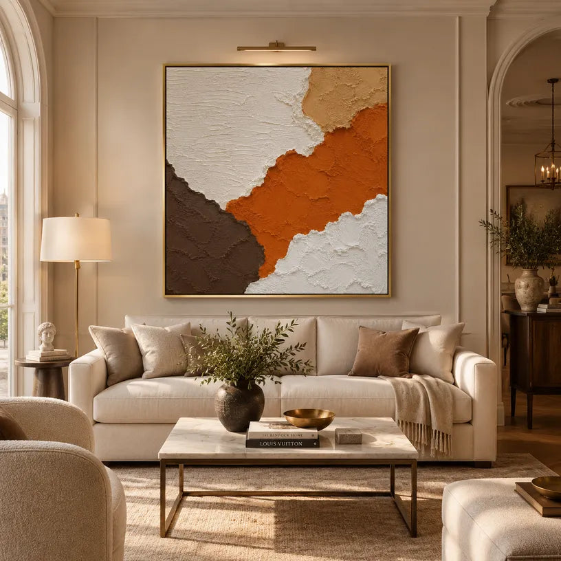 Wabi-Sabi abstract oil painting showing layered abstract marks, texture and expressive painterly movement in a orange palette.
