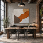 Wabi-Sabi abstract oil painting showing layered abstract marks, texture and expressive painterly movement in a orange palette.