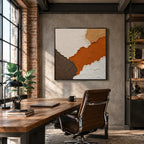 Wabi-Sabi abstract oil painting showing layered abstract marks, texture and expressive painterly movement in a orange palette.